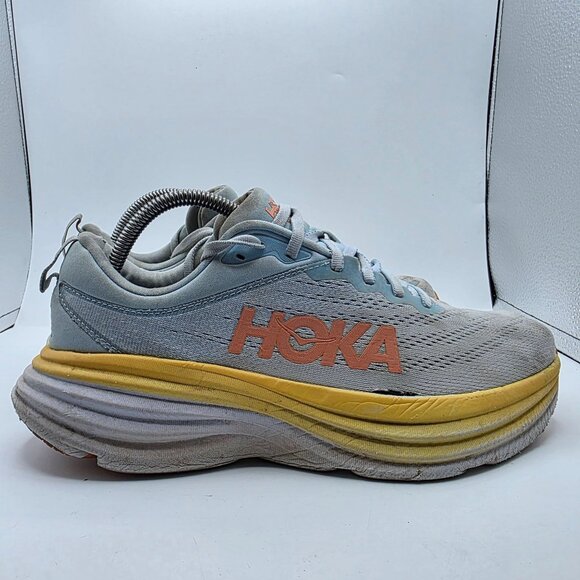 Hoka One One Bondi 8 Womens Size 10.5 B Gray Yellow Athletic Shoes Running Walk - Picture 13 of 14